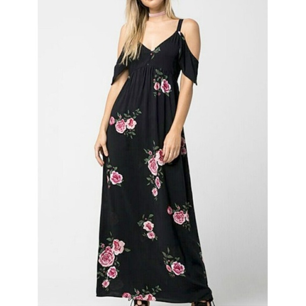 Full Tilt Whimsigoth Babydoll Black Pink Rose Floral Cold Shoulder Maxi Dress S